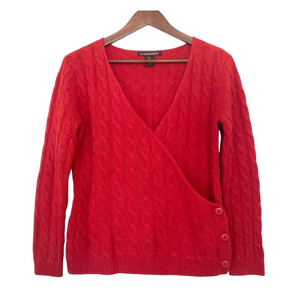 A. Giannetti Cable Knit Wrap Womens Sweater S Red Lambswool Angora Button Front